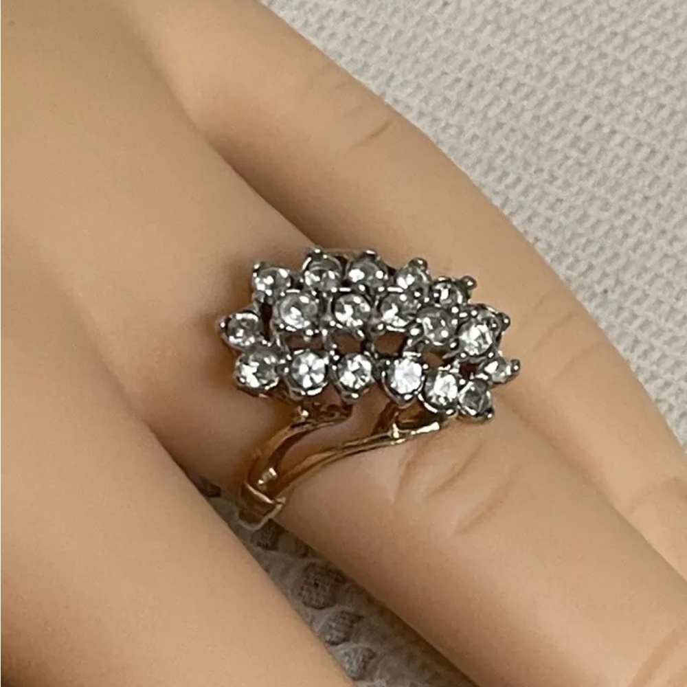 Vintage Waterfall Rhinestone Cluster Cocktail Ring 18K Gold Plate Size 61/4
